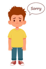 Cute sad boy asking for forgiveness saying SORRY. Sympathy and expression, feelings. Emotions and facial expressions, gestures. Vector illustration isolated on white background