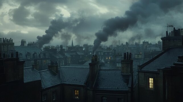 The rooftops of an old  city, with an overcast sky, grey clouds, and a dark, gloomy atmosphere. 