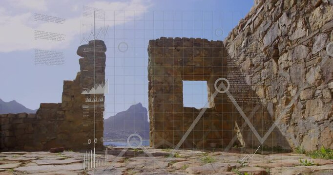 Ancient stone ruins with data graphs and charts animation overlay