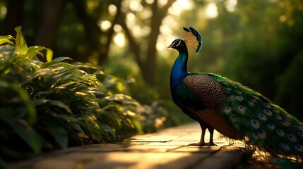 Obraz premium Majestic Peacock in a Sunlit Garden