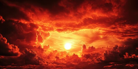 Dramatic Sky with Apocalypse Red Hues: Bright Sun Behind Dark Clouds Foretelling a Fiery End