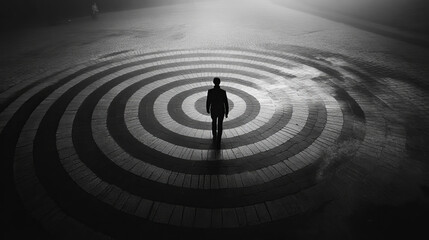 man following his footsteps in circle; life concept