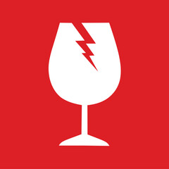 A white cracked glass icon on a red background, indicating fragile items that require careful handling to avoid breakage. Commonly used for shipping and packaging labels.