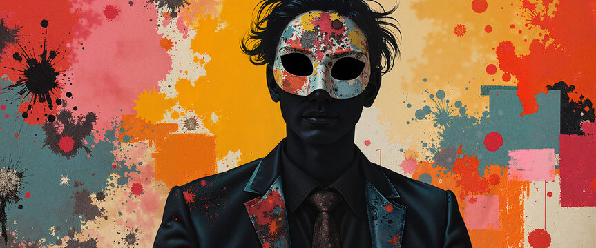 Man with colorful mask in formal suit against vibrant abstract background