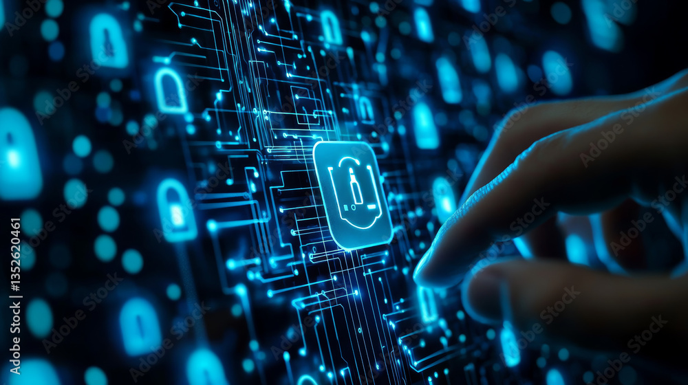 Poster padlock of cyber security digital data, technology global network digital data protection, future ba
