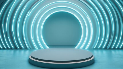 Fototapeta premium A podium with a reflective mirror surface, placed in an infinity room with neon lights