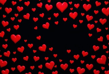 Intricate pattern of red hearts scattered on a black background, passion, romance