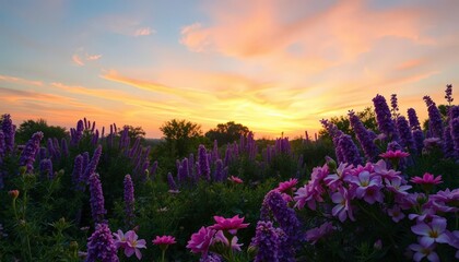 Lavender and peach dusk sky over tranquil garden, soft light on blooming flowers,  twilight sky, romantic