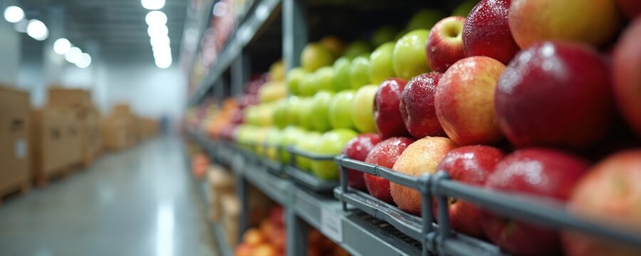 Fresh apples storage in warehouse. Ripe fruits on shelf in grocery store. Cold chain logistic for sustainable food supply, fruit distribution, delivery. Healthy eating concept. - Powered by Adobe