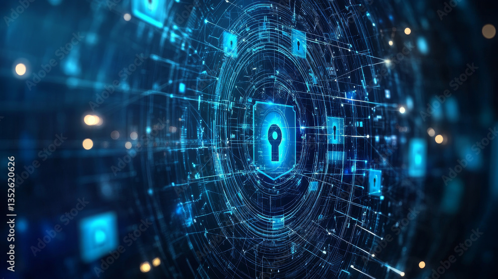 Poster padlock of cyber security digital data, technology global network digital data protection, future ba