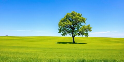 Lone tree stands sentinel in a serene spring green field under a vast blue sky, view, background