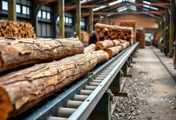Logs on conveyor belt, wood transport industry, supply, factory
