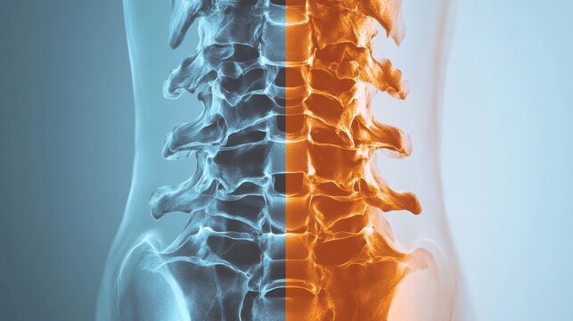 Detailed X-ray Image of Spinal Anatomy in Blue and Orange Colors