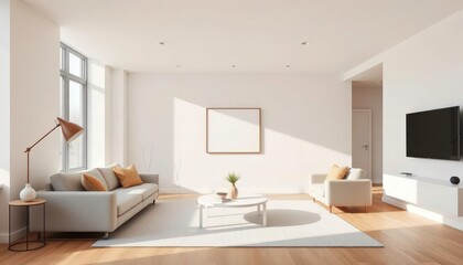 Clean lines, neutral palette, minimalist furniture, spacious living room, elegant, neutral