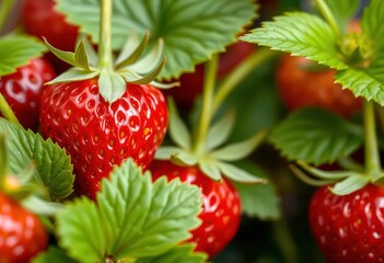 Juicy red strawberry, glistening, green leaves, close-up shot, organic, garden