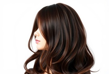 Obraz premium Luxurious brunette wig, natural style, pristine white background, elegant wig, beauty