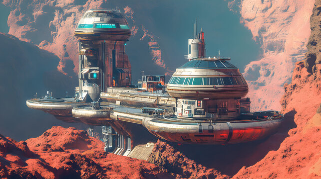 Futuristic mars colony with advanced space structures and a red desert landscape - Powered by Adobe