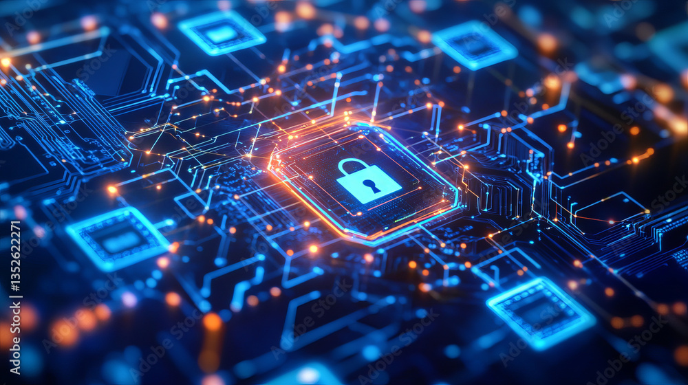 Poster shield protection cyber security technology. secure data privacy. half of the shield shows the conne