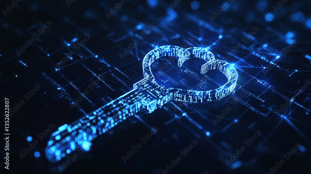 Poster key code connection concept to protect data in cybersecurity technology. there is a prominent key on