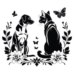Black and White Dog and Cat Vector Illustration with Butterfly, Stylized Pet Silhouette with Floral Elements in Vector Art, Elegant Dog and Cat Design for Tattoos, Stickers, and Prints