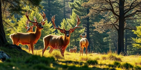 Fototapeta premium Majestic golden-antlered deer basking in sun-drenched glade, elegant, dreamy