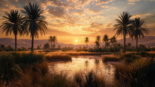 a beautiful oasis in the desert at sunset 