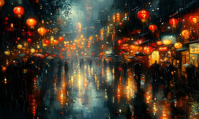 Fototapeta premium Vibrant street scene at night with glowing lanterns and umbrellas in a rainy urban setting