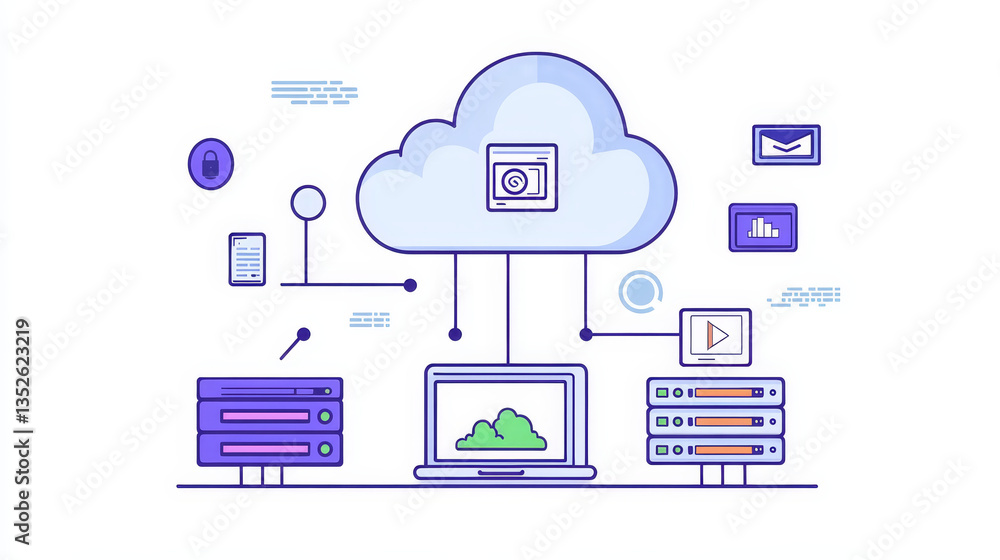 Poster cloud and edge computing technology data transfer backup storage concept. a large cloud icon stands 
