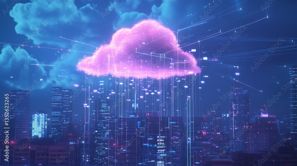 Poster cloud and edge computing technology data transfer backup storage concept. a large cloud icon stands 
