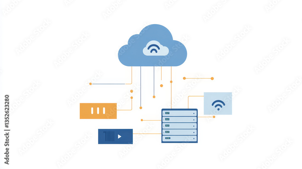 Poster cloud and edge computing technology data transfer backup storage concept. a large cloud icon stands 