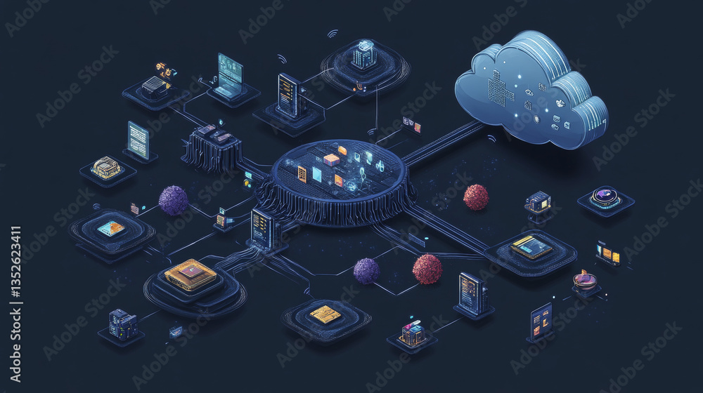 Poster cloud and edge computing technology concept. there is a prominent large cloud icon on the right. the