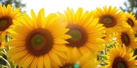 Obraz premium Close-up of vibrant yellow sunflowers basking in sunlight, petals radiant, disk, yellow