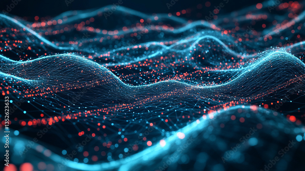 Poster digital technology concept data wave flow polygons connecting dots lines on a dark black background.