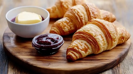 Random view of French croissants golden flaky served with butter and jam on a rustic wooden board