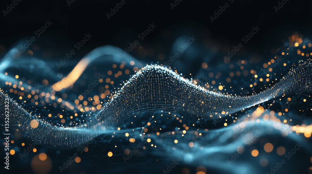 Poster digital technology concept data wave flow polygons connecting dots lines on a dark black background.