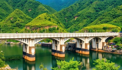 Concrete bridge spanning Lam Pao Dam, lush green hills in background, solid, hills