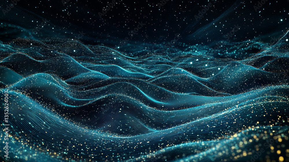 Poster digital technology abstract concept cyber security. connection and flow of data waves, polygons, dot