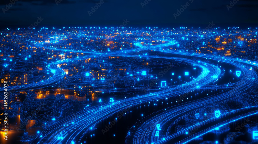 Poster digital technology abstract concept cyber security. connection and flow of data waves, polygons, dot