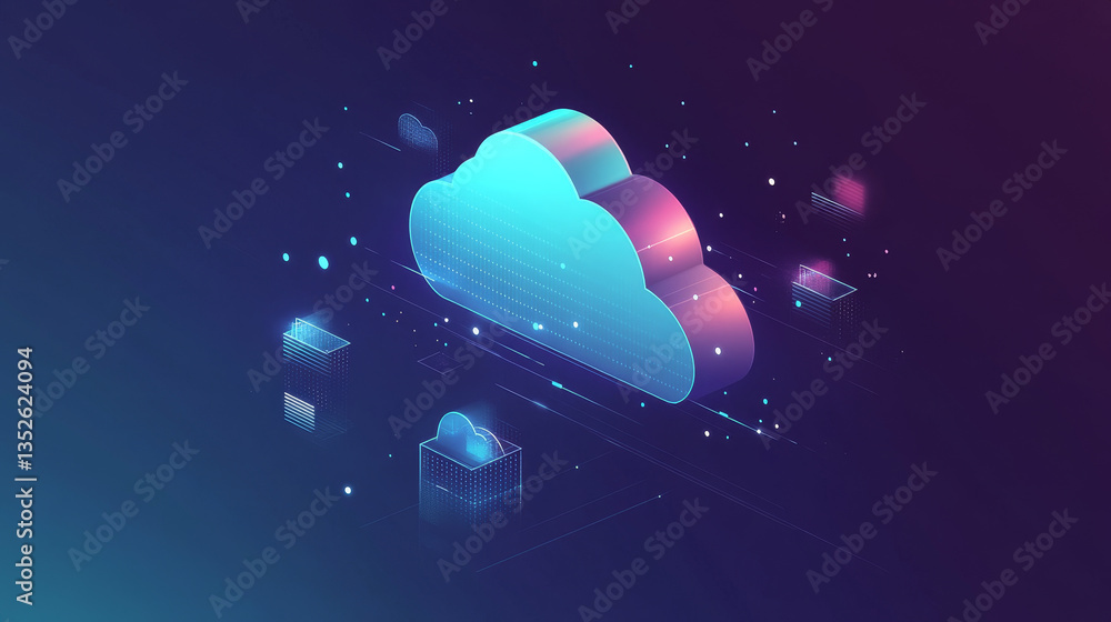 Poster cloud computing technology concept transfer database to cloud. there is a prominent large cloud icon