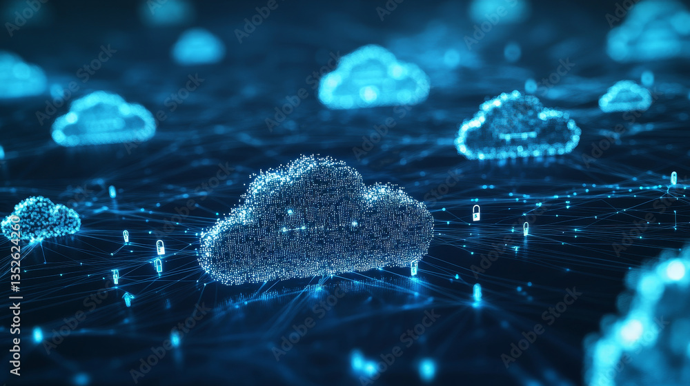 Poster cloud computing. the data transfer and storage concept consists of a white polygonal interconnected 