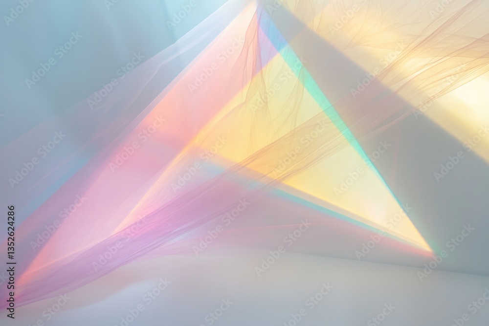 Poster pastel-colored sheer fabric draped in a room, illuminated by a triangular prism of light creating a 