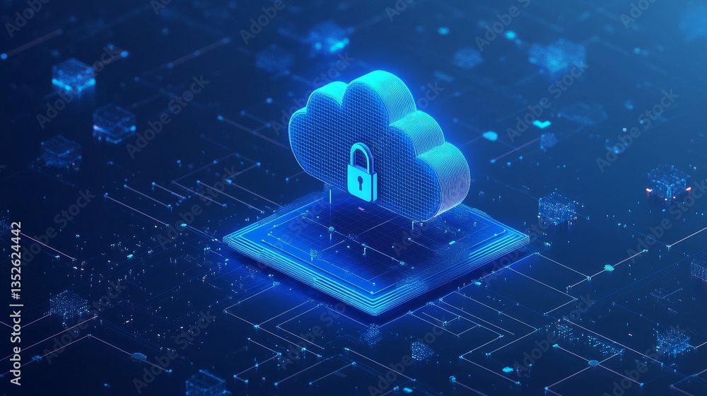 Poster cloud computing. the data transfer and storage concept has a cloud in the middle connected to a whit