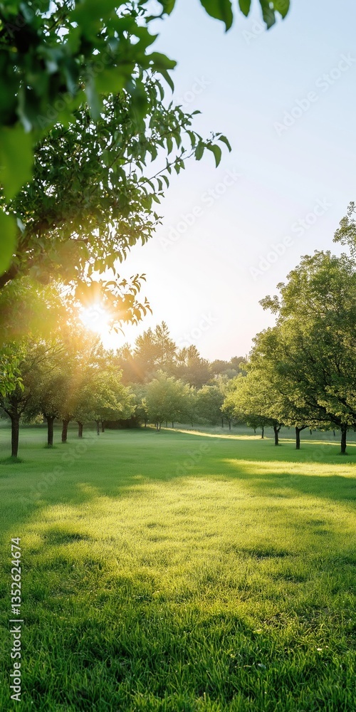Aufkleber a large field of green grass with trees in the background. the sun is shining brightly, creating a w
