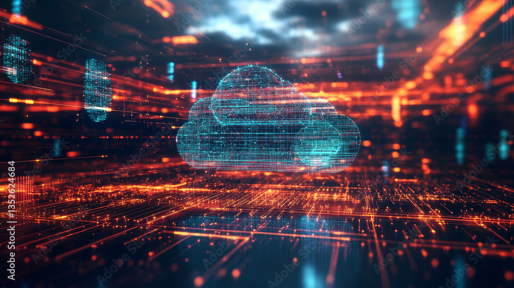 Poster cloud computing icons, digital data uploaded into cloud, technology network internet of things, tech