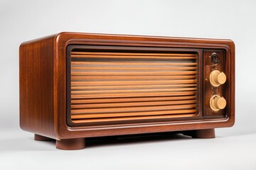Nostalgic Antique Radio. Close-up of a Wooden Brown Vintage Music Device Evoking Timeless Analog Technology