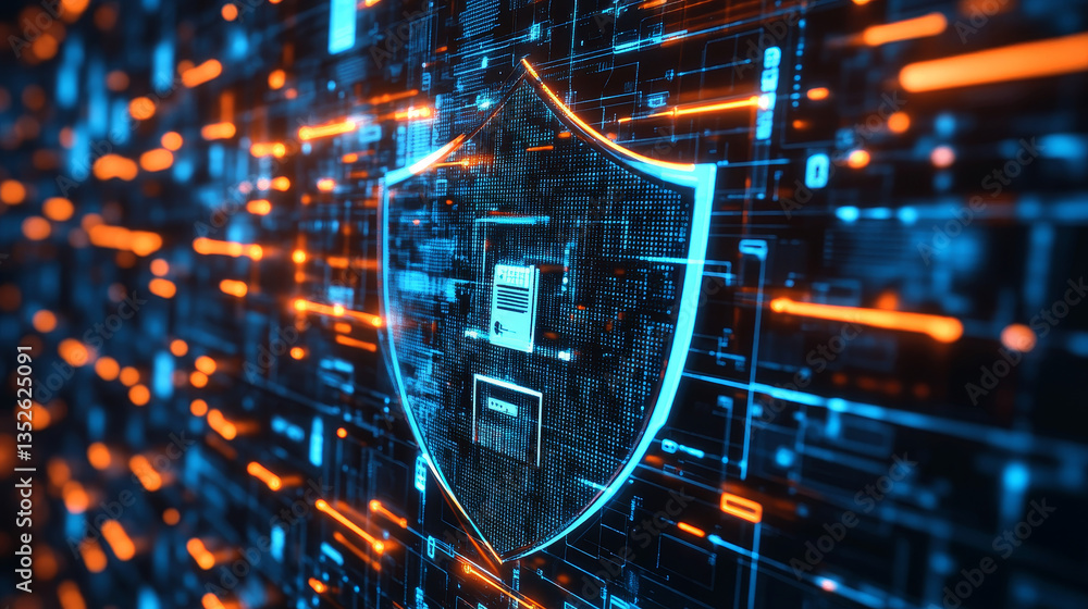 Poster a modern cybersecurity interface showcasing a digital shield for data protection, with metrics and e