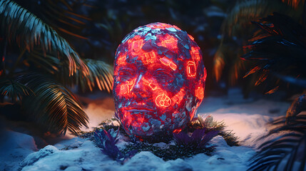 Mysterious glowing red crystal in an alien jungle environment, surrounded by exotic plants, symbolizing extraterrestrial energy and undiscovered minerals.