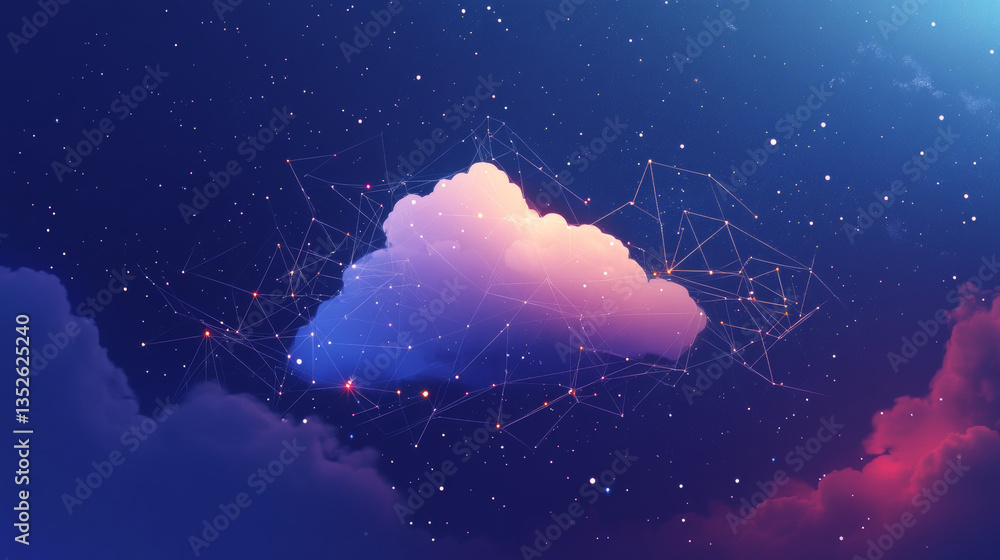 Poster cloud and edge computing technology data transfer concept. a large cloud icon is in the center. abst