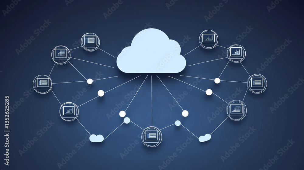 Poster cloud and edge computing technology data transfer concept. a large cloud icon is in the center. abst