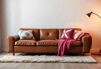 Modern leather sofa, geometric cushion, plush throw, warm light, interior, natural light
